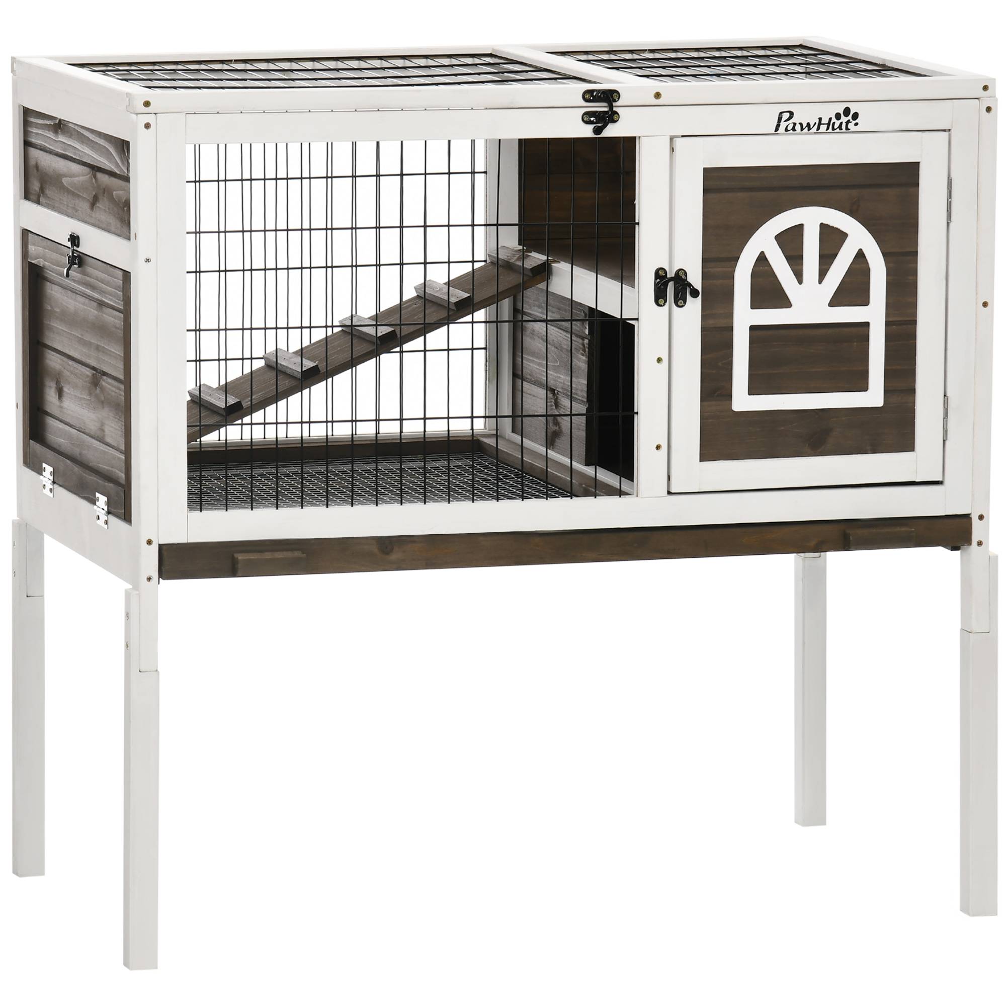 Clapier lapin bois sapin intérieur bac amovible toit ouvrant 90x53x87cm café - ComfortXL Outdoor Living
