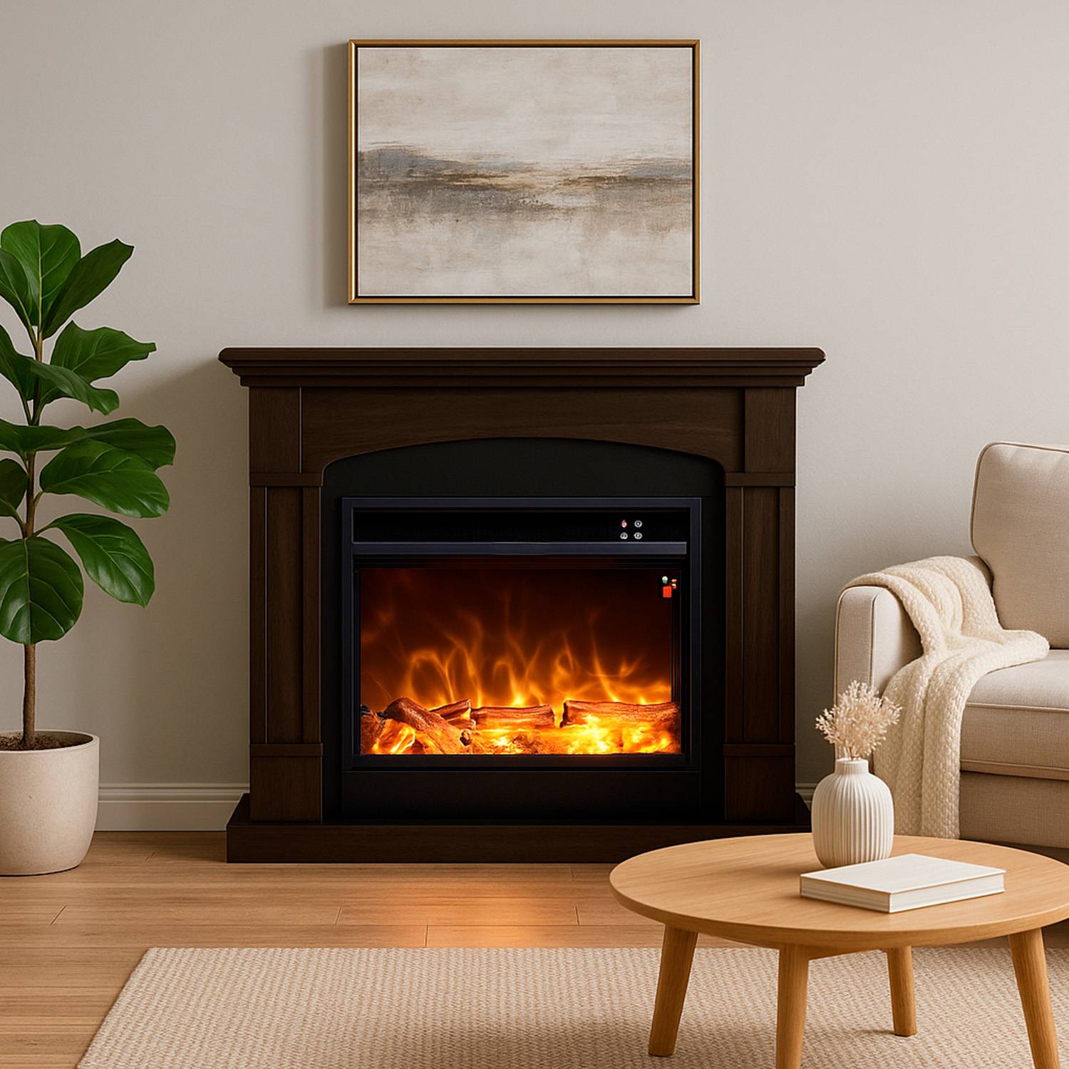 Cheminee electrique wenge MDF pour mur et sol avec effet flamme LED realiste