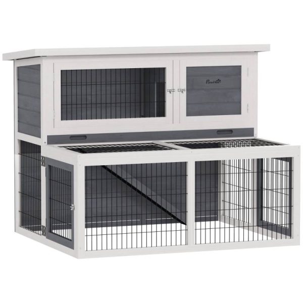 Clapier à lapins deux étages extérieur 122 x 95 x 93.5 cm bois massif gris – PANGIVO