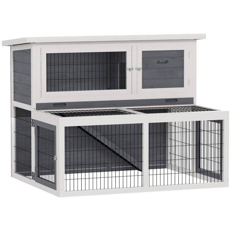 Clapier à lapins deux étages extérieur 122 x 95 x 93.5 cm bois massif gris - PANGIVO