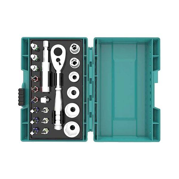 Clé à cliquet en coffret MAKITA - 21 pièces - 12 embouts + 6 douilles + 1 adaptateur 1/4' + porte-embout magnétique - B-54081