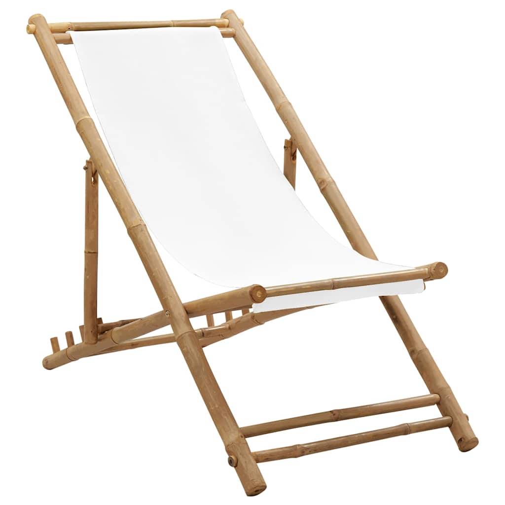 Chilienne Pliable en Bambou et Toile Inclinable 4 Positions pour Jardin et Plage Blanc – ComfortXL Outdoor Living