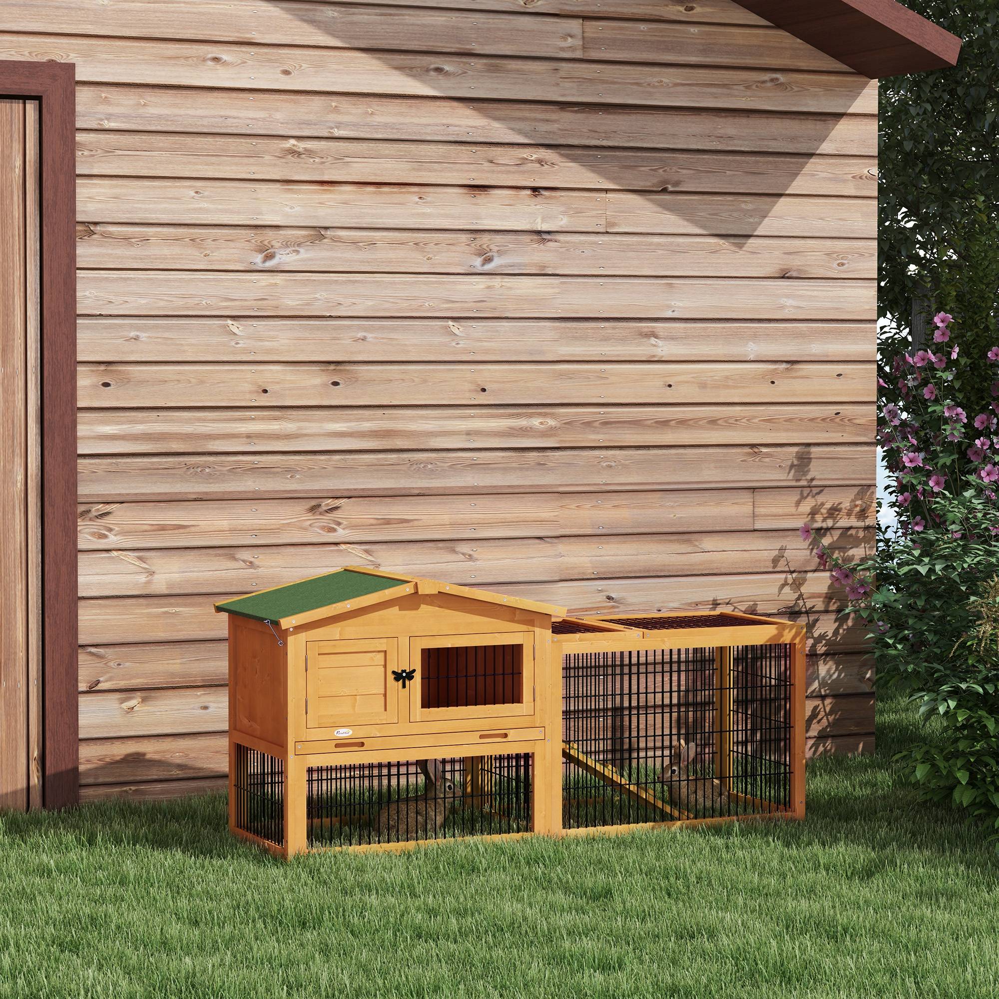 Clapier Lapin Bois Sapin Extérieur 2 Niveaux Enclos Toit Ouvrant 150cm Jaune - ComfortXL Pet Living