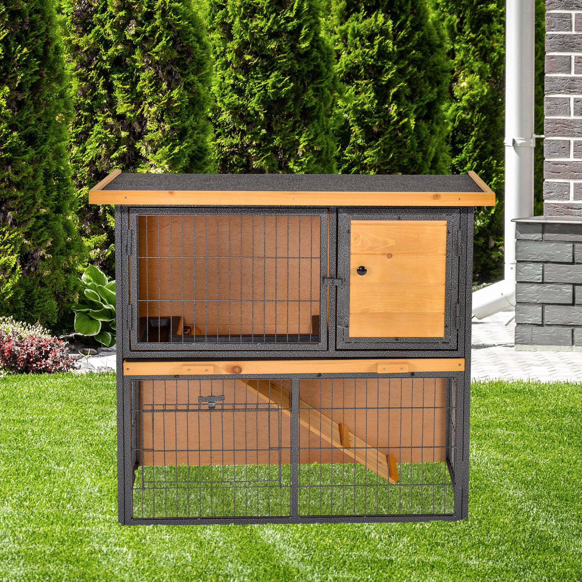 Clapier Lapin Bois Sapin Intérieur Extérieur 2 Niveaux Tiroir 90x45x81cm Jaune Clair - ComfortXL Pet Living