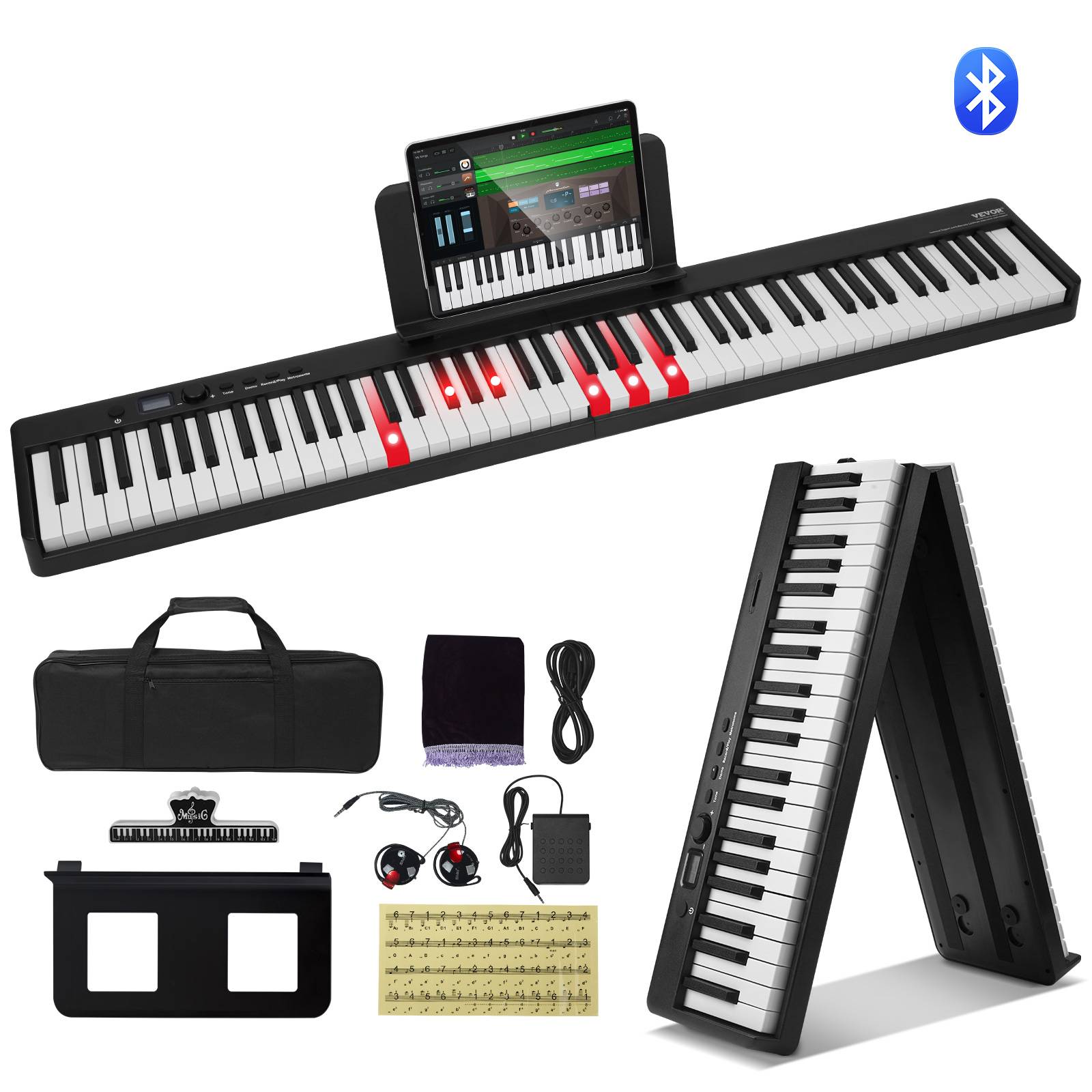 VEVOR Clavier piano pliable 88 touches Bluetooth/MIDI, portable, touches lumineuses, rechargeable, pour débutants.