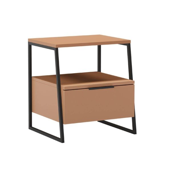 Chevet 2 niveaux avec 1 tiroir en mélaminé terracotta et structure en métal laqué noir – VELIANI Chevet 2 niveaux avec 1 tiroir en mélaminé terracotta et structure en métal laqué noir – VELIANI