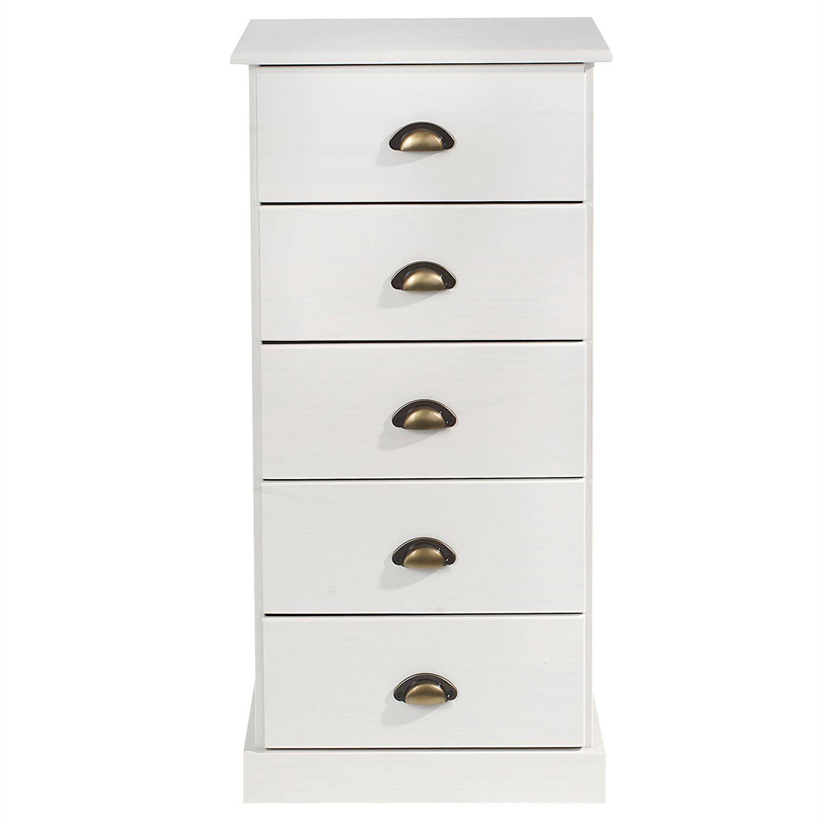Chiffonnier PARIS en pin massif, 5 tiroirs, lasuré blanc