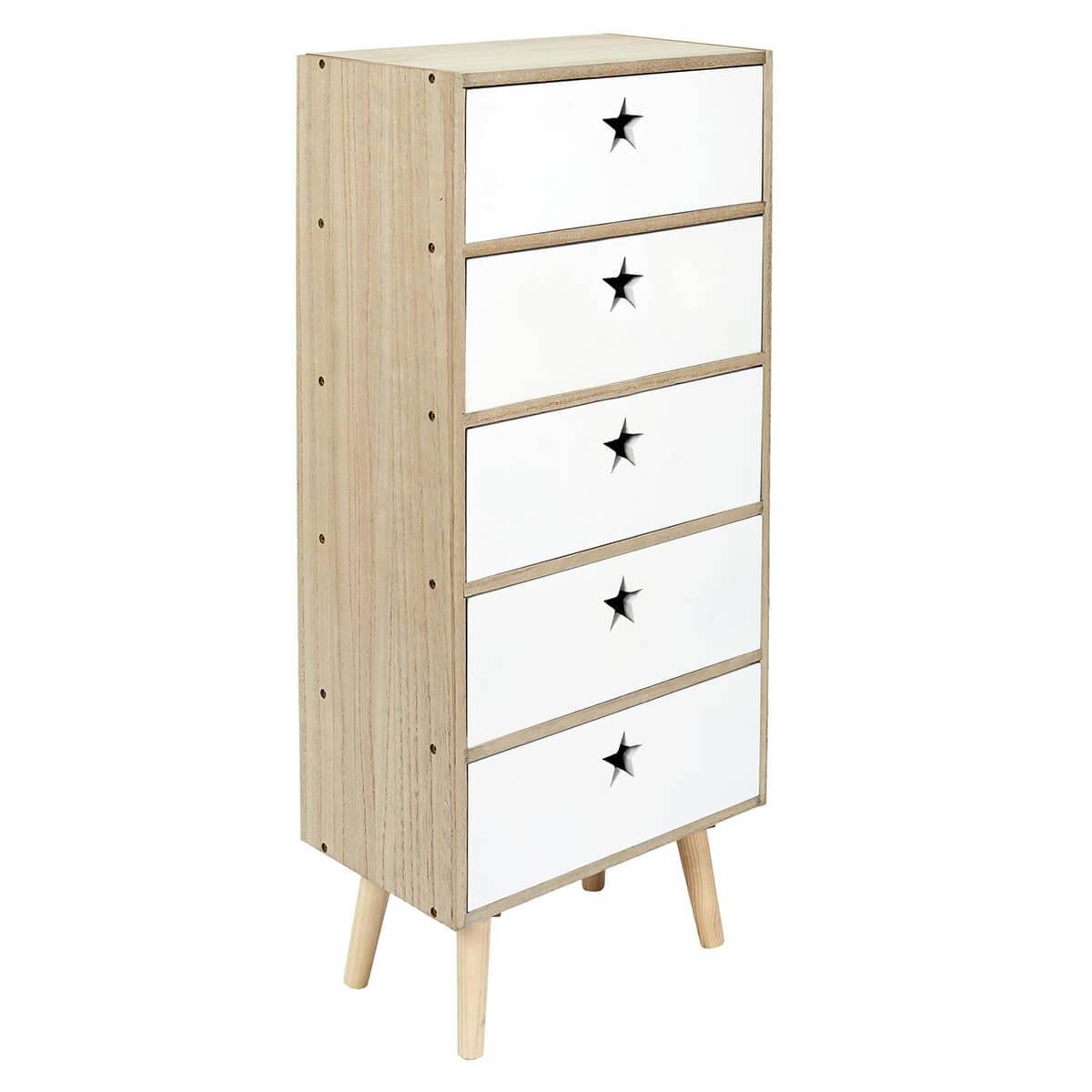 Chiffonnier 5 Tiroirs Blanc et Bois Poignées Ajourées Etoiles - STARLY