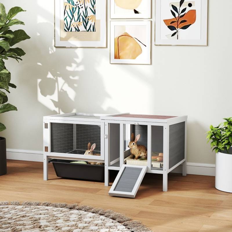 Clapier lapin rongeur bois avec enclos toit ouvrant tiroir 105x57x51cm gris - ComfortXL Outdoor Living