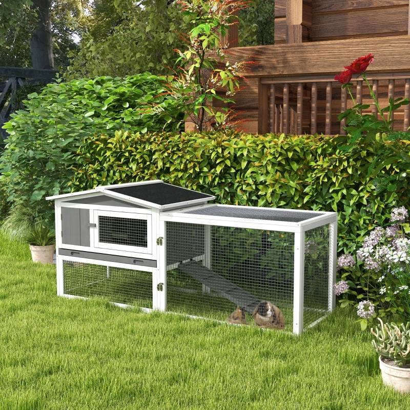 Clapier lapin bois sapin pour extérieur avec enclos toit asphalte 156x58x68cm gris clair - ComfortXL Outdoor Living