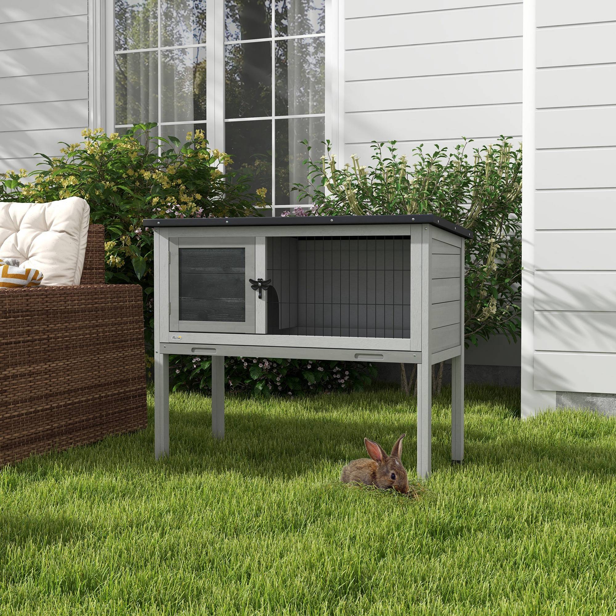 Clapier Lapin Bois Sapin Surélevé Toit Ouvrant Tiroir 84x43cm Gris Jardin - ComfortXL Pet Living