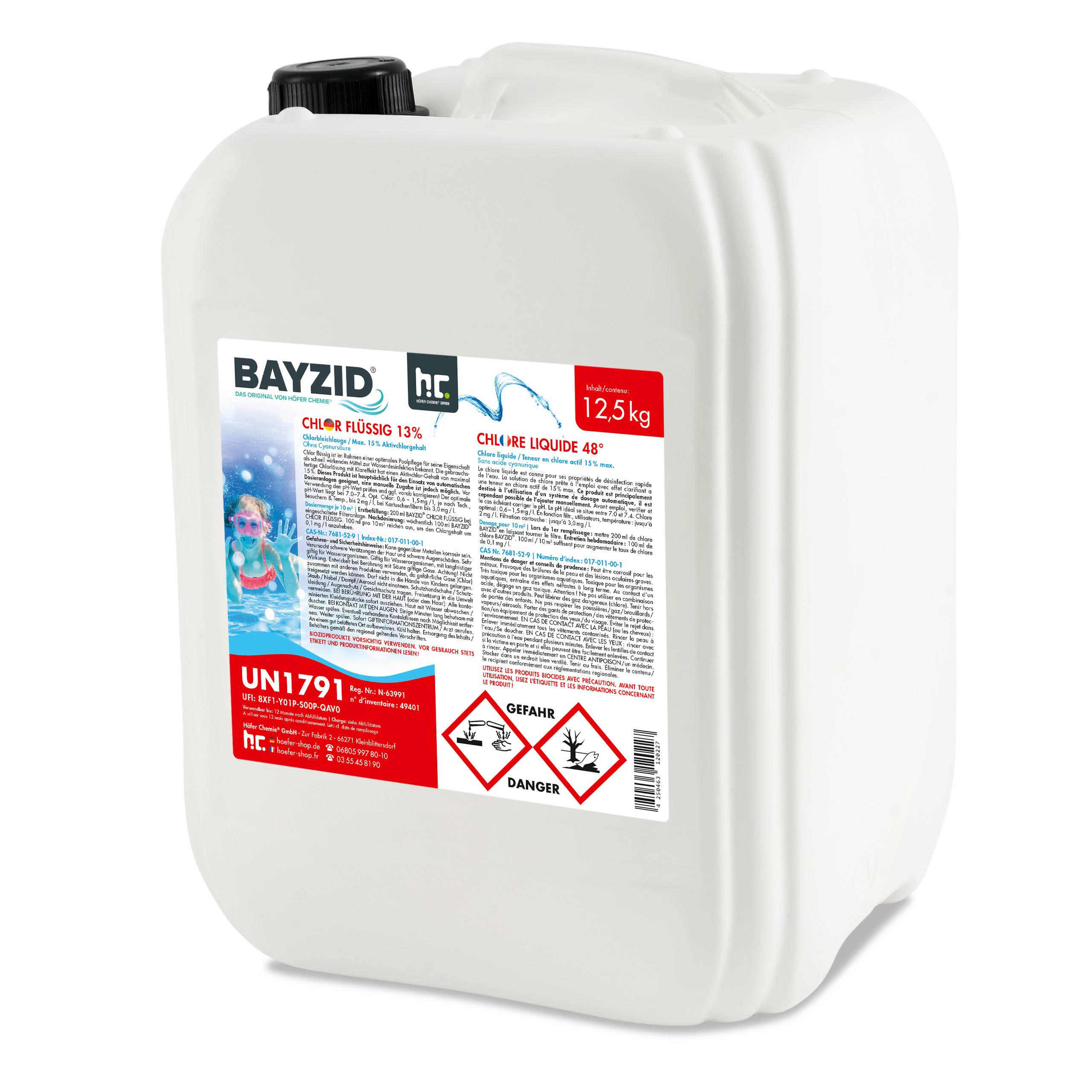 Chlore liquide 48° Bayzid® en bidon de 12,5 KG (10 L) x 1