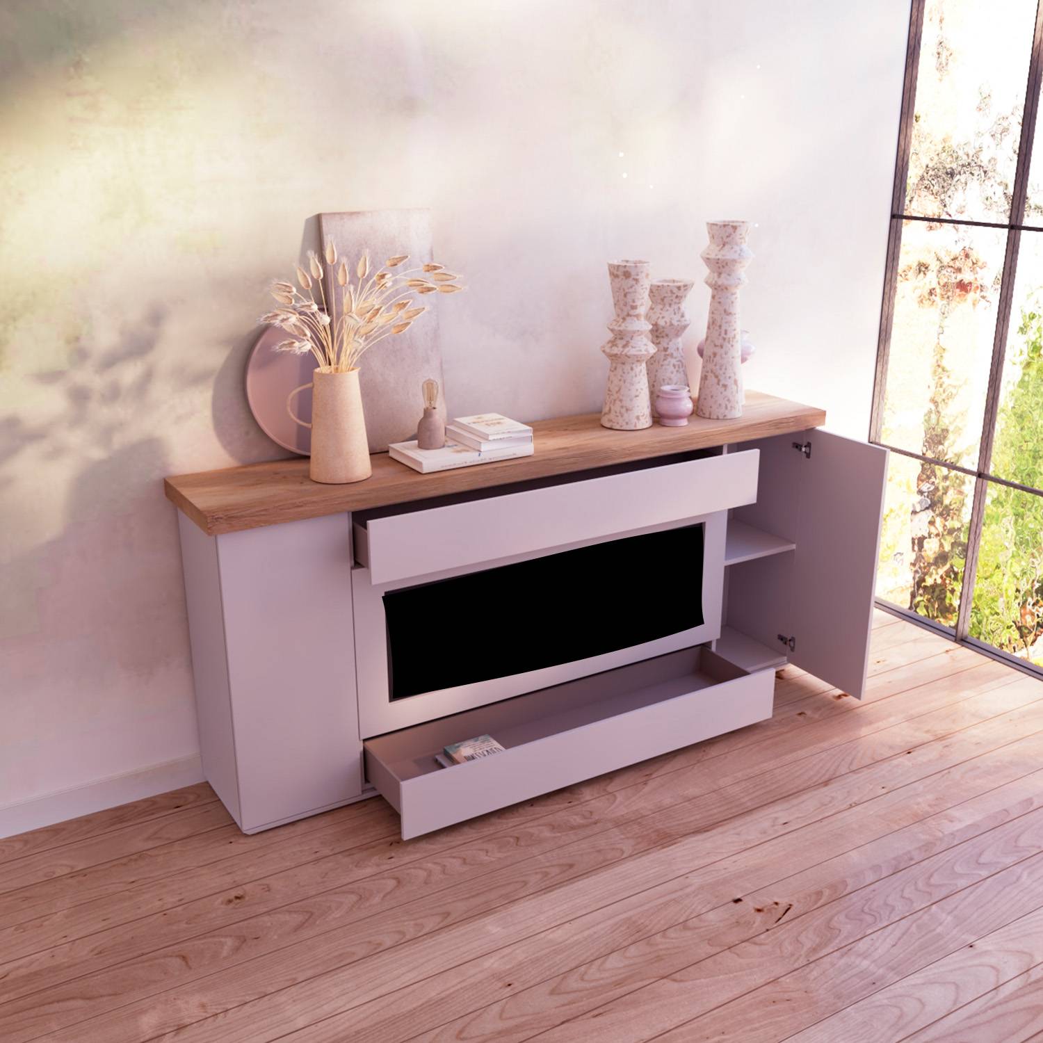 Meuble pour cheminee electrique bois gris Sian plateaubase chêne