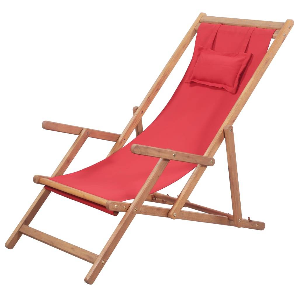 Chilienne de Plage Pliable en Bois et Tissu Inclinable 3 Positions avec Oreiller Rouge – ComfortXL Outdoor Living