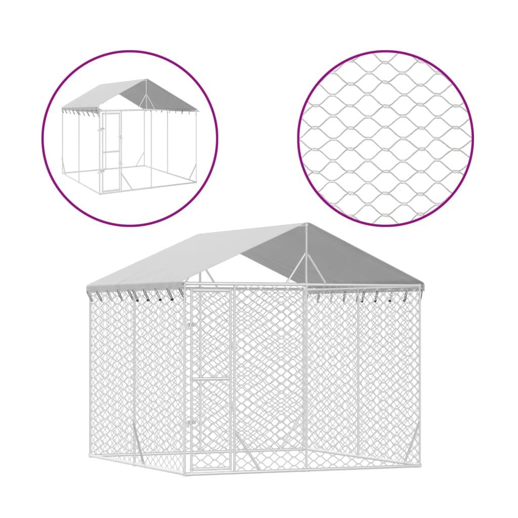 Chenil d'extérieur - Cage d'extérieur pour chiens avec toit argenté 3x3x2,5 m rj493
