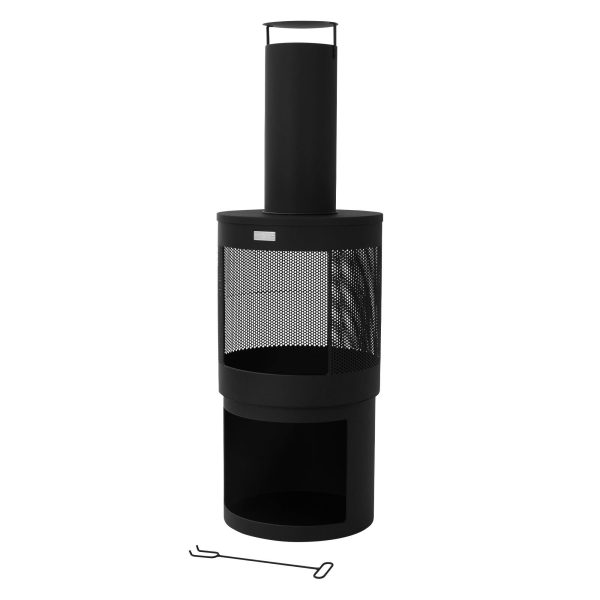 Cheminée de jardin 131×45 cm rond noir en acier avec tisonnier toit amovible et support à bois poêle de terrasse brasero d’extérieur forme de coupe