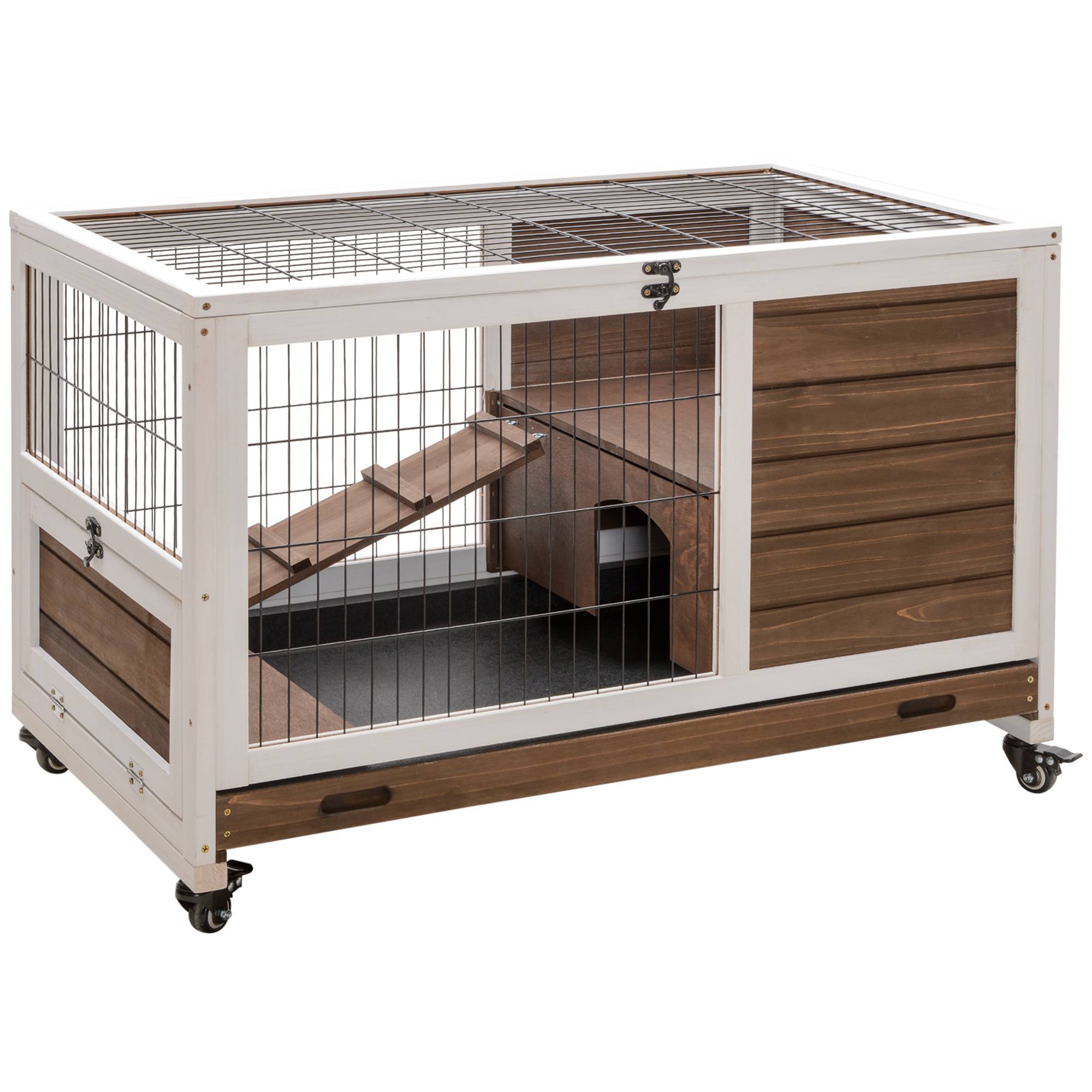 Clapier à Lapin en Bois d'Intérieur sur Roulettes avec Toit Ouvrant 90 cm Marron - ComfortXL Outdoor Living