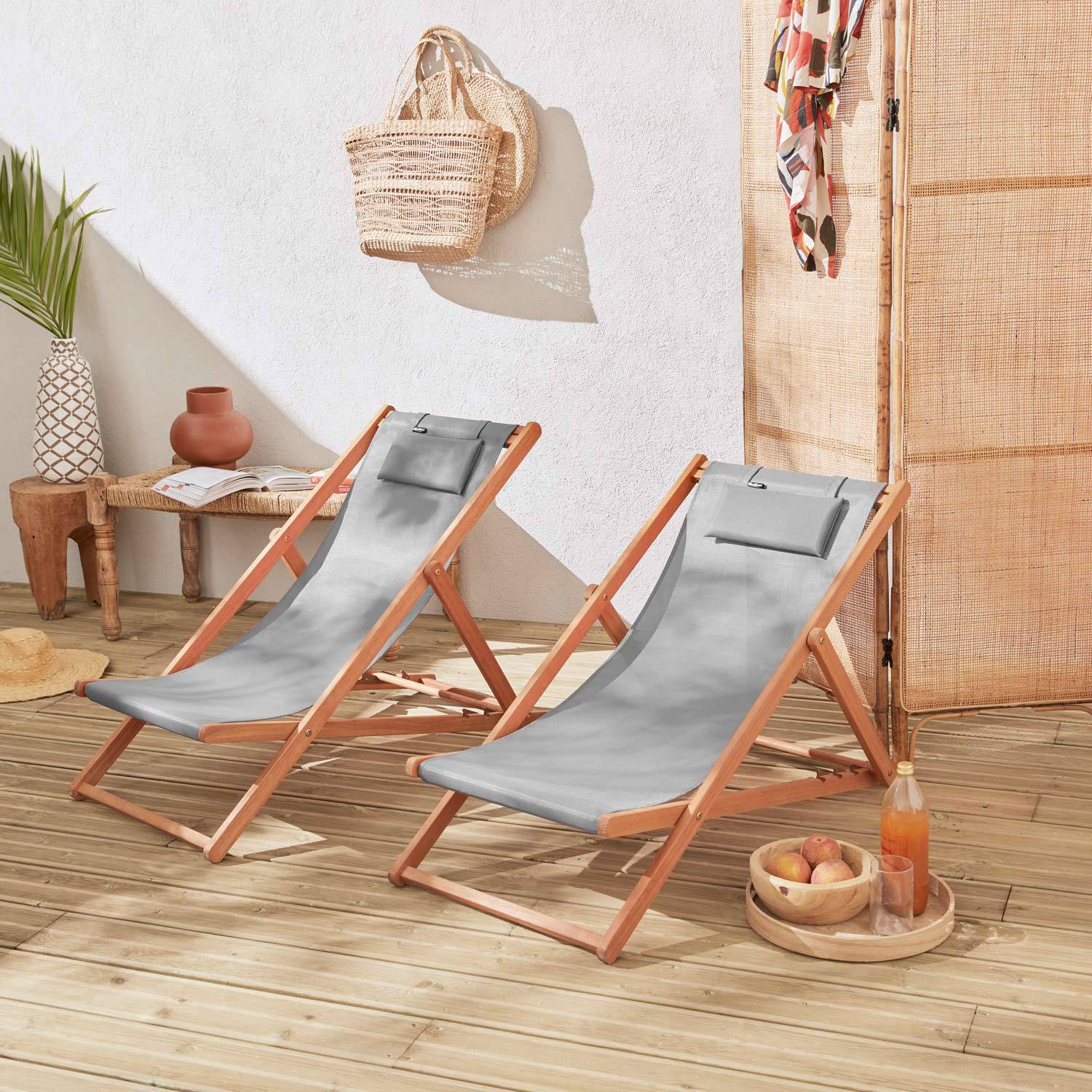 Chiliennes bois - Creus - 2 transats en bois d'Eucalyptus huilé avec coussin repose-tête gris taupe | sweeek