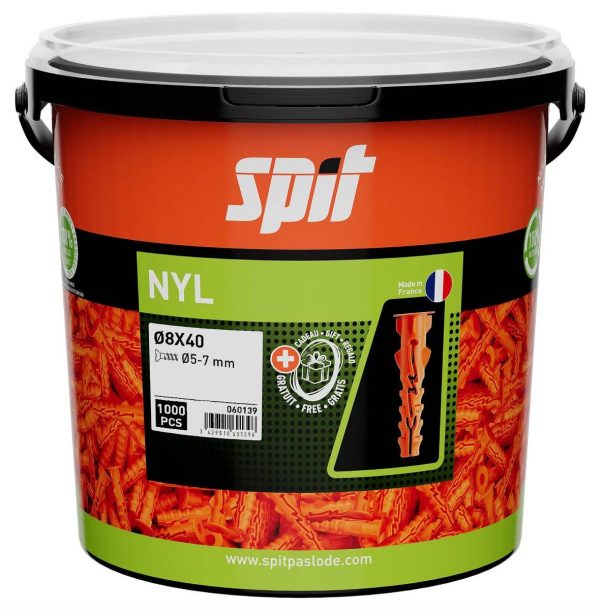 Cheville de fixation légère en nylon 8×40 avec collerette – Seau de 1000 – SPIT – 060139 Cheville de fixation légère en nylon 8×40 avec collerette – Seau de 1000 – SPIT – 060139