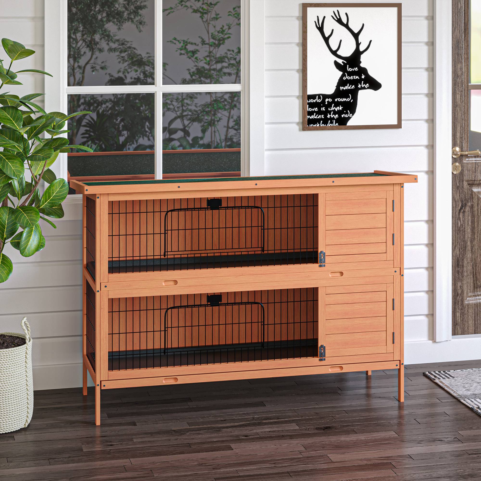 Clapier Lapin Bois Sapin Double Étage Extérieur Toit Bitumé 136cm Orange - ComfortXL Pet Living