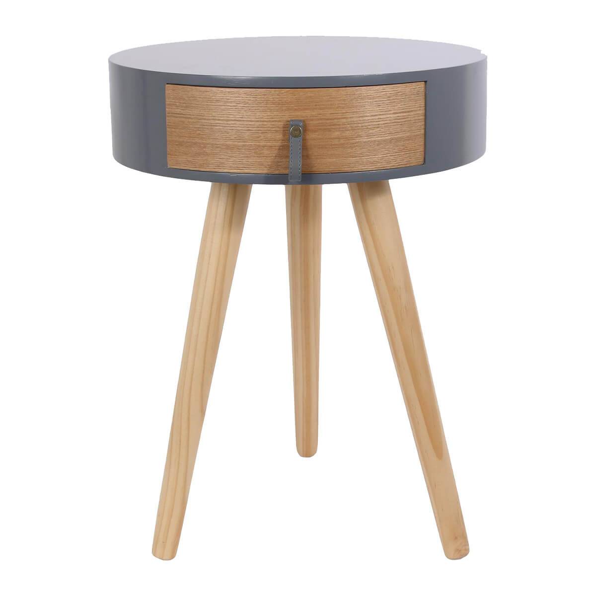 Chevet Rond 1 Tiroir Gris et Effet Bois Style Scandinave Vintage - MEALIA
