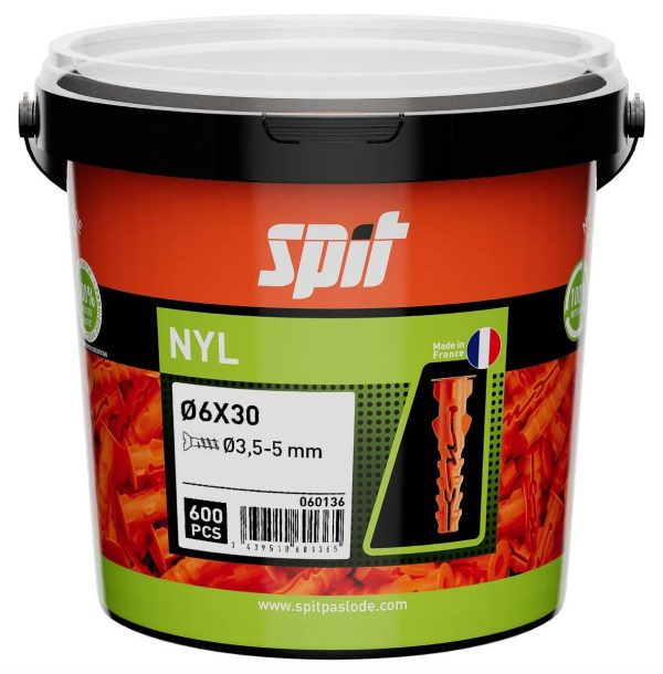 Cheville de fixation légère en nylon 6×30 avec collerette – Seau de 600 – SPIT – 060136 Cheville de fixation légère en nylon 6×30 avec collerette – Seau de 600 – SPIT – 060136