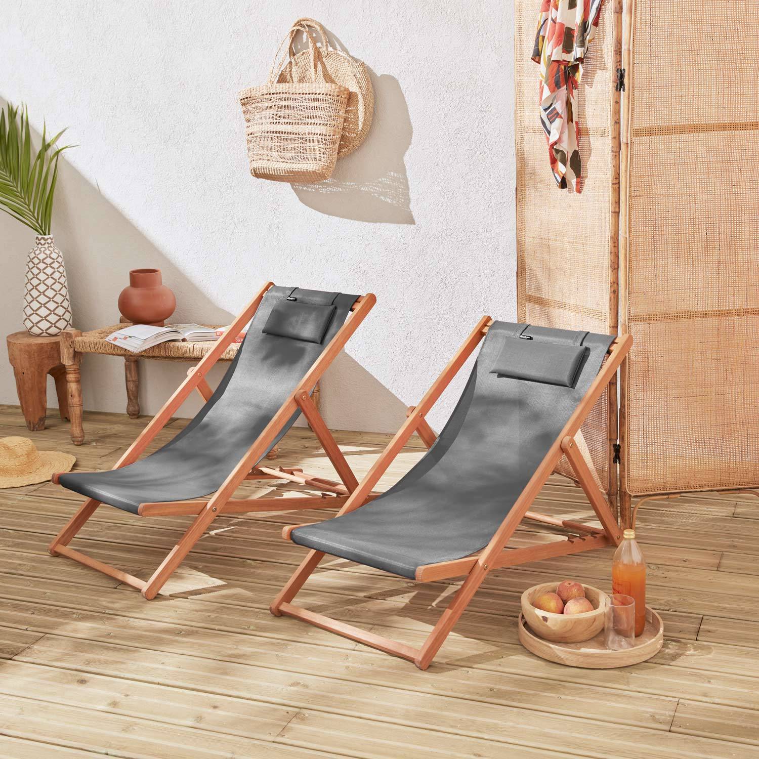 Chiliennes bois - Creus - 2 transats en bois d'Eucalyptus huilé avec coussin repose-tête gris | sweeek