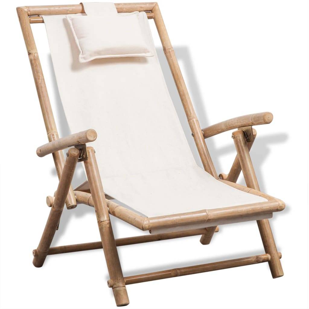 Chilienne en Bambou et Toile Pliante Inclinable 4 Positions avec Oreiller pour Jardin – ComfortXL Outdoor Living