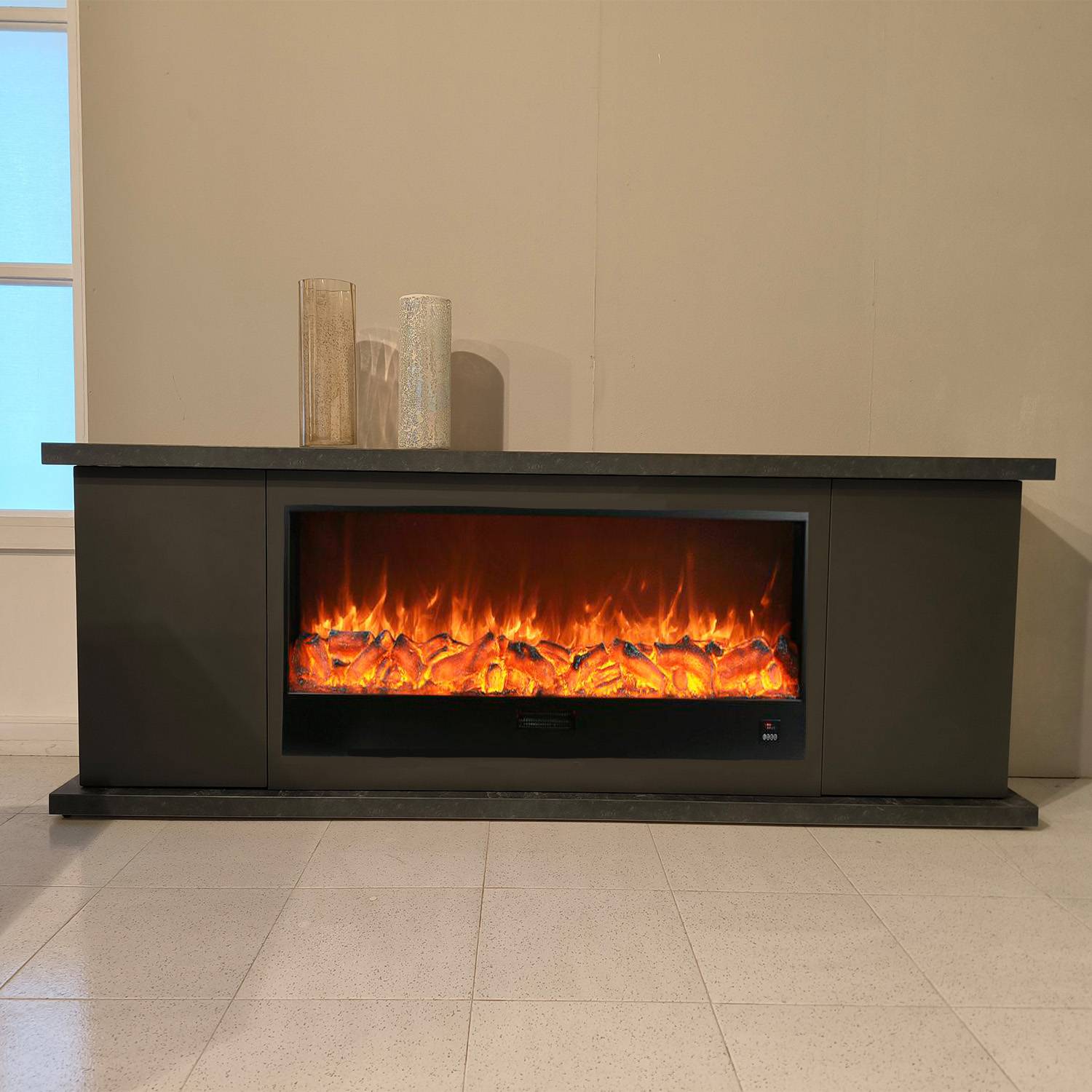 Meuble graphite Tacande avec cheminee electrique encastree 1500 W ERP