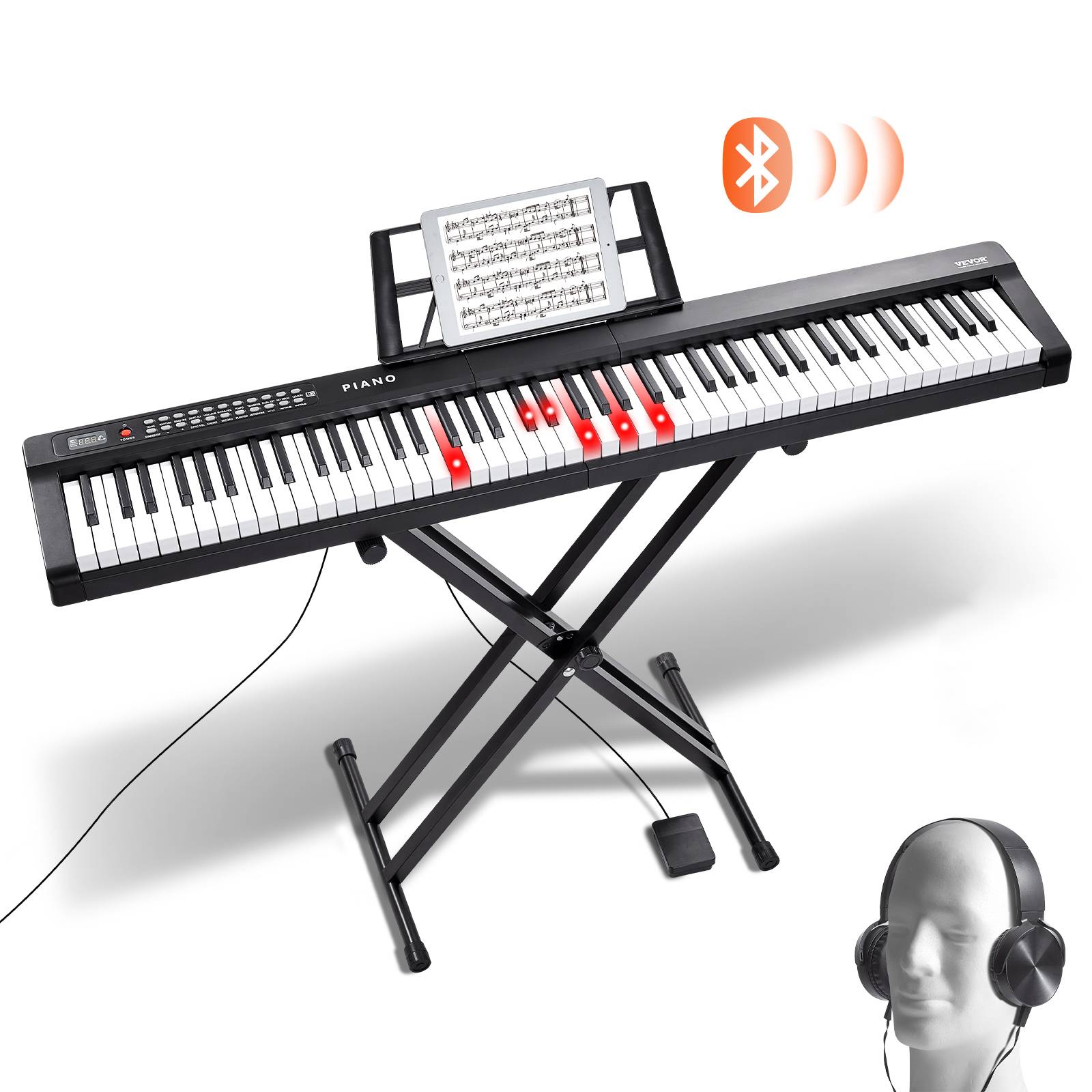 VEVOR Clavier piano numérique 88 touches semi-lestées, support, haut-parleurs, pédale, casque, Bluetooth.