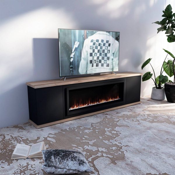 Meuble bois noir RAL9005 dessusbase chêne cheminee electrique 1500W LED Meuble bois noir RAL9005 dessusbase chêne cheminee electrique 1500W LED