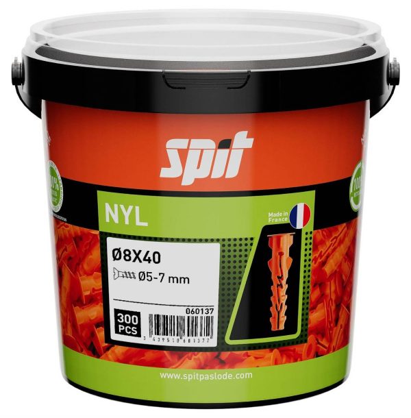 Cheville de fixation légère en nylon 8×40 avec collerette – Seau de 300 – SPIT – 060137 Cheville de fixation légère en nylon 8×40 avec collerette – Seau de 300 – SPIT – 060137