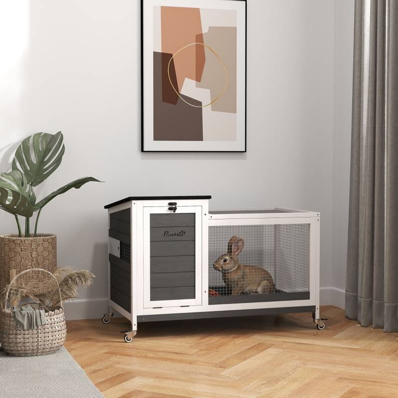 Clapier Lapin Bois Intérieur Extérieur Sur Roulettes Toit Ouvrant 92cm Gris - ComfortXL Pet Living