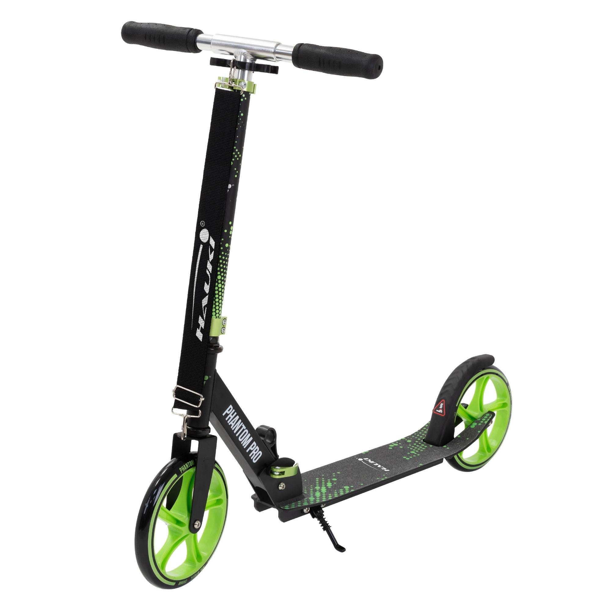 Cityroller scooter vert trottinette pliable et réglable roues xxl frein arrière à pédale pour enfants et adultes avec béquille sangle pour transporter