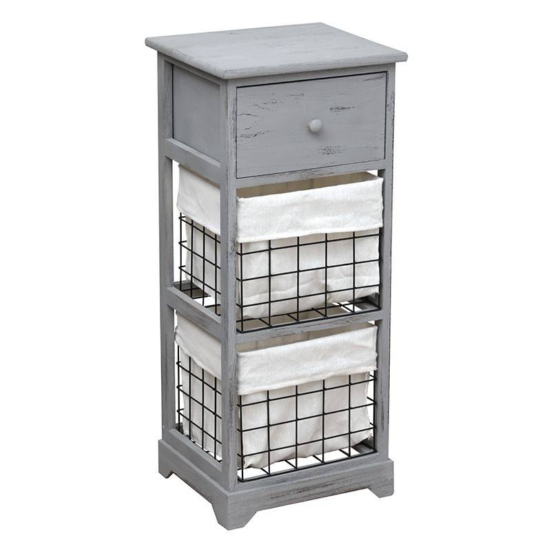 Chiffonnier bois 1 tiroir 2 paniers gris