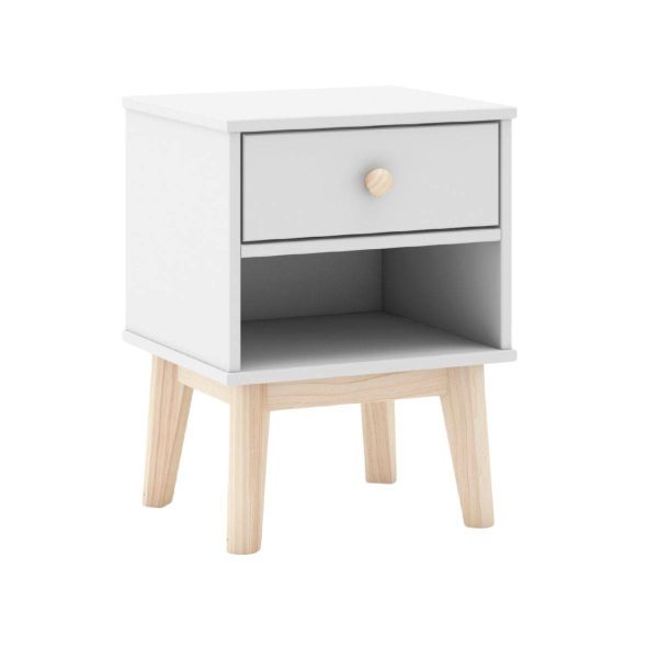 Chevet 1 tiroir et 1 niche en pin massif et MDF laqué blanc et naturel – KAINA Chevet 1 tiroir et 1 niche en pin massif et MDF laqué blanc et naturel – KAINA