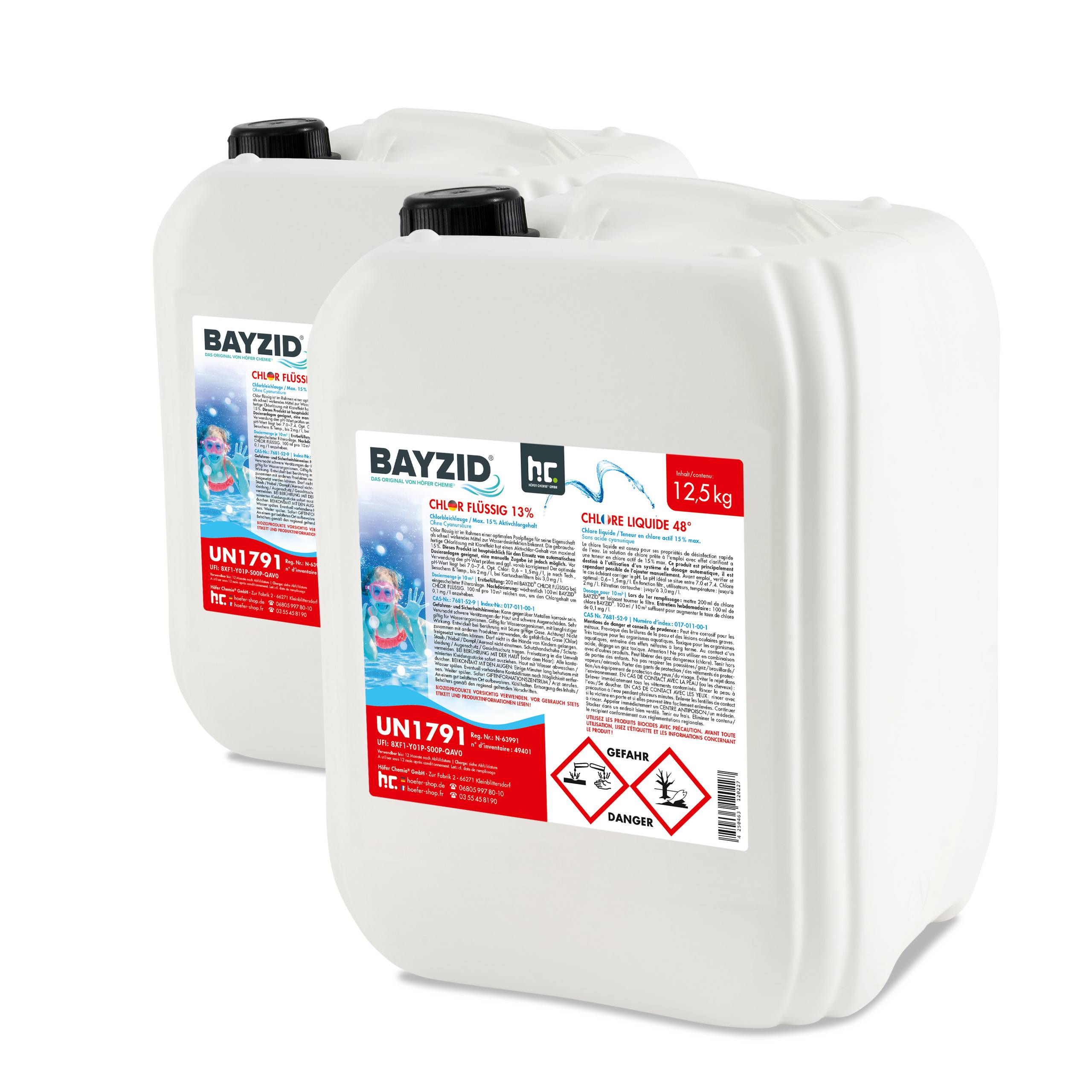 Chlore liquide 48° Bayzid® en bidon de 12,5 KG (10 L) x 2