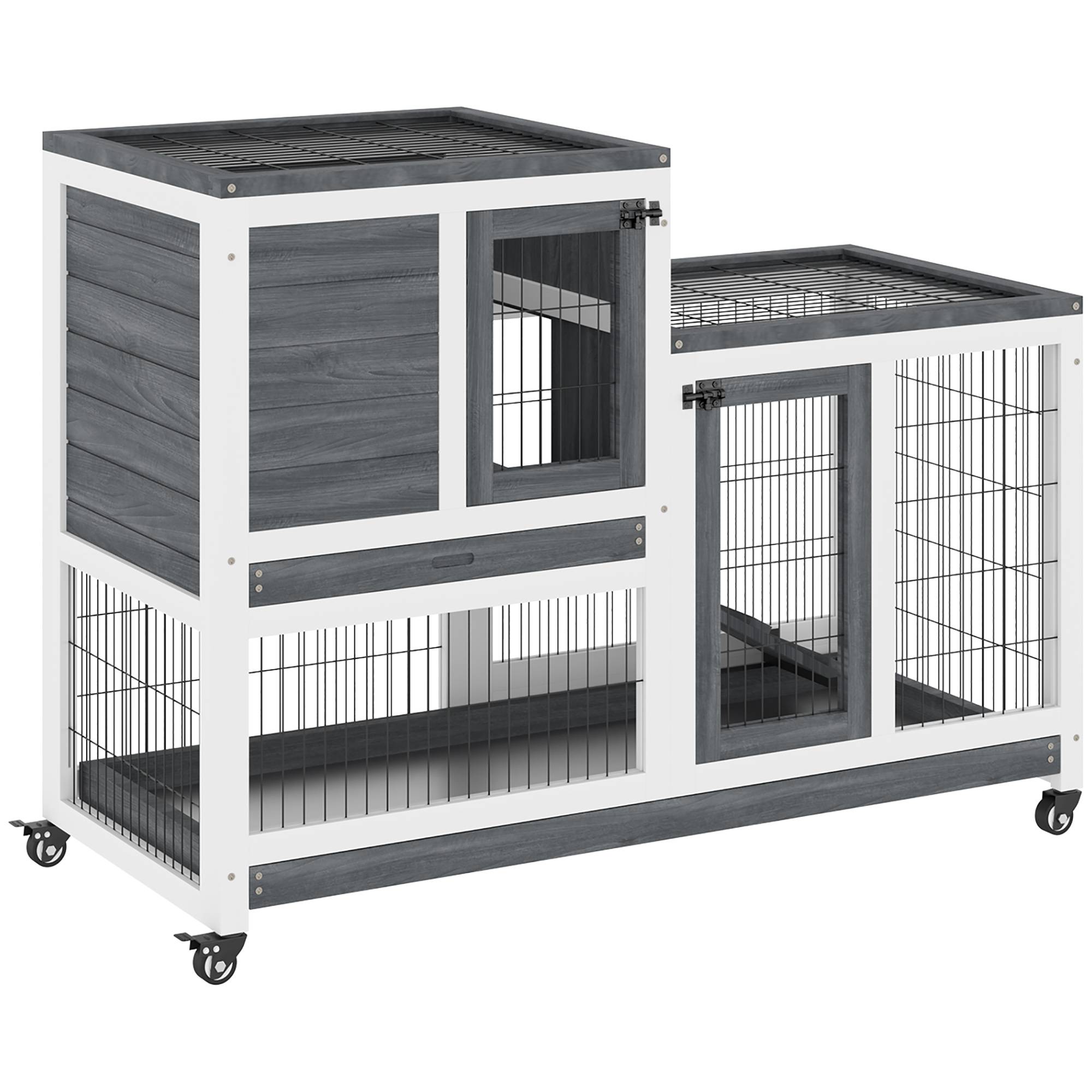 Clapier d'Intérieur Bois à 2 Étages sur Roulettes pour Lapin et Cochon d'Inde 110cm Gris - ComfortXL Outdoor Living