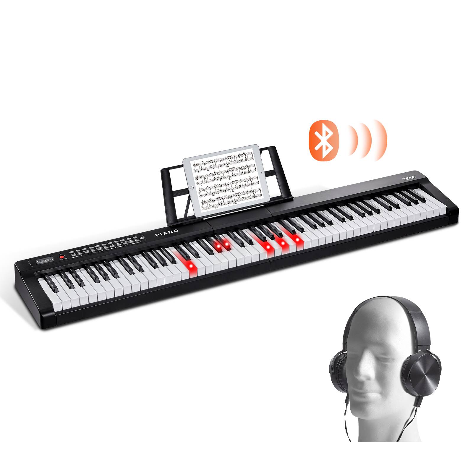 VEVOR Clavier piano numérique 88 touches semi-lestées, 1000 sons, haut-parleurs, pédale, casque, Bluetooth.
