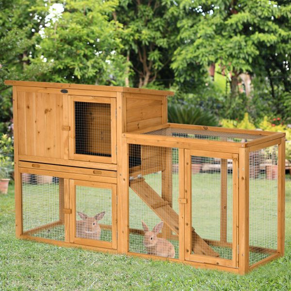 Clapier Lapin Bois Sapin avec Enclos Toit Ouvrant Tiroir Amovible 141x60cm Orange – ComfortXL Pet Living