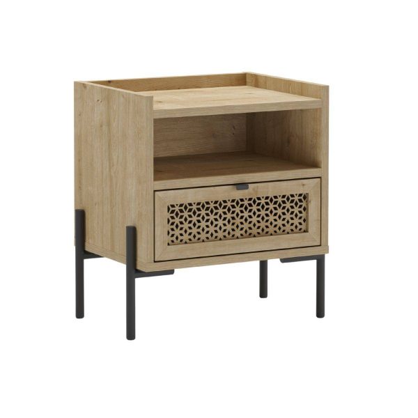 Chevet 1 tiroir sculpté et 1 niche en mélaminé imitation bois clair piètement métal noir. – MELISSA Chevet 1 tiroir sculpté et 1 niche en mélaminé imitation bois clair piètement métal noir. – MELISSA