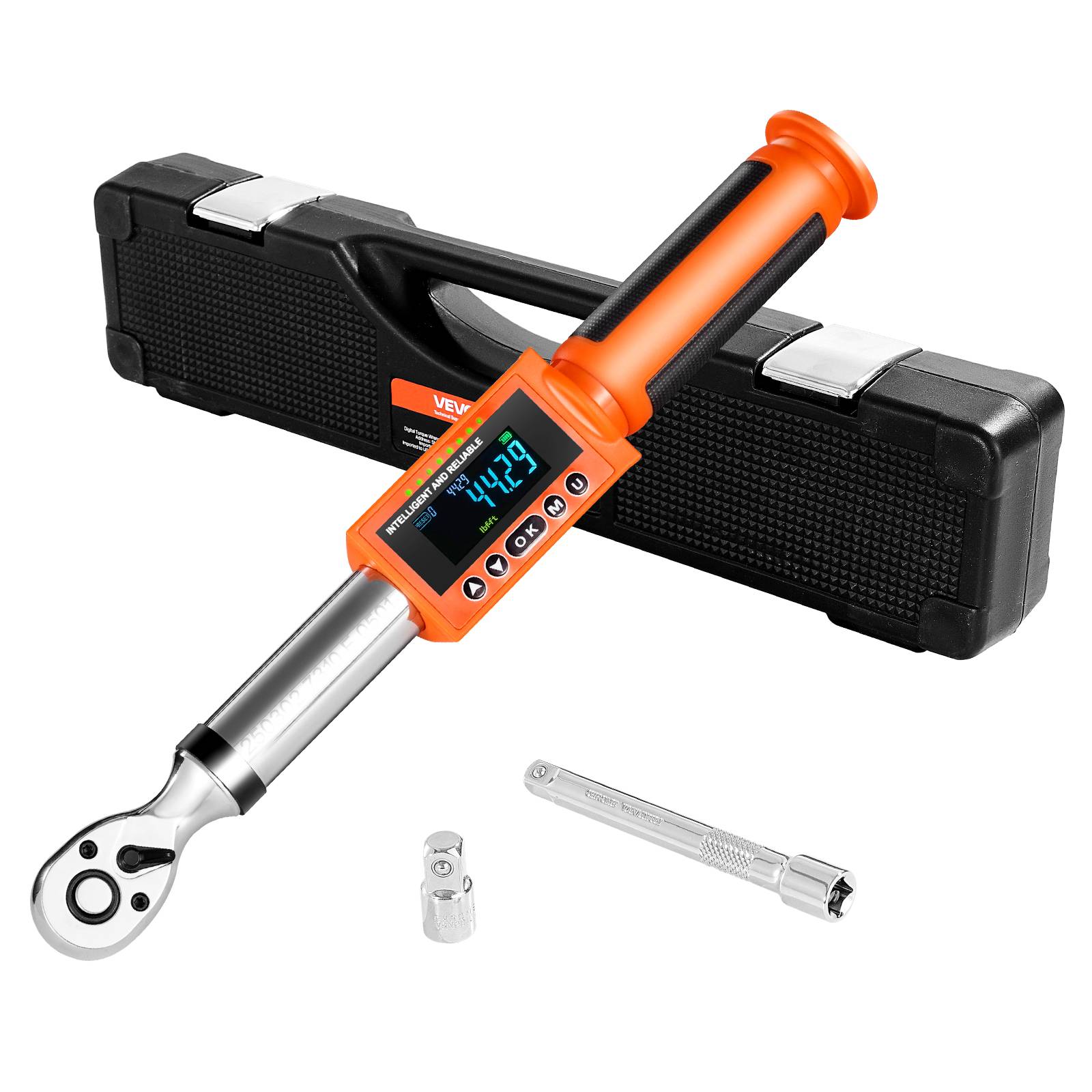VEVOR Clé dynamométrique numérique 9,5 mm, plage 0-135 N.m, 72 dents, haute précision, alerte sonore/LED, pour auto et moto.