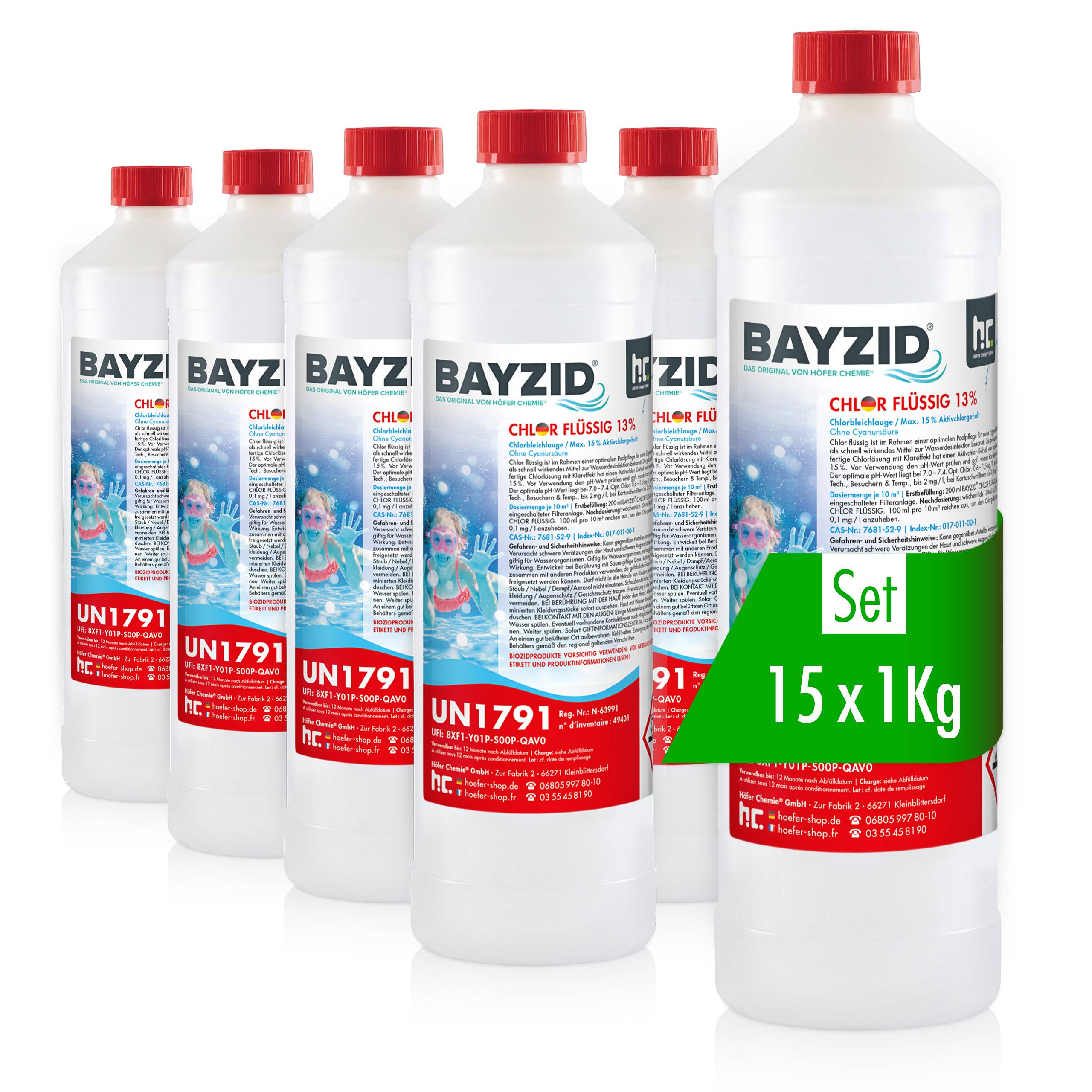 Chlore liquide 48° Bayzid® en bouteille de 1 KG x 15
