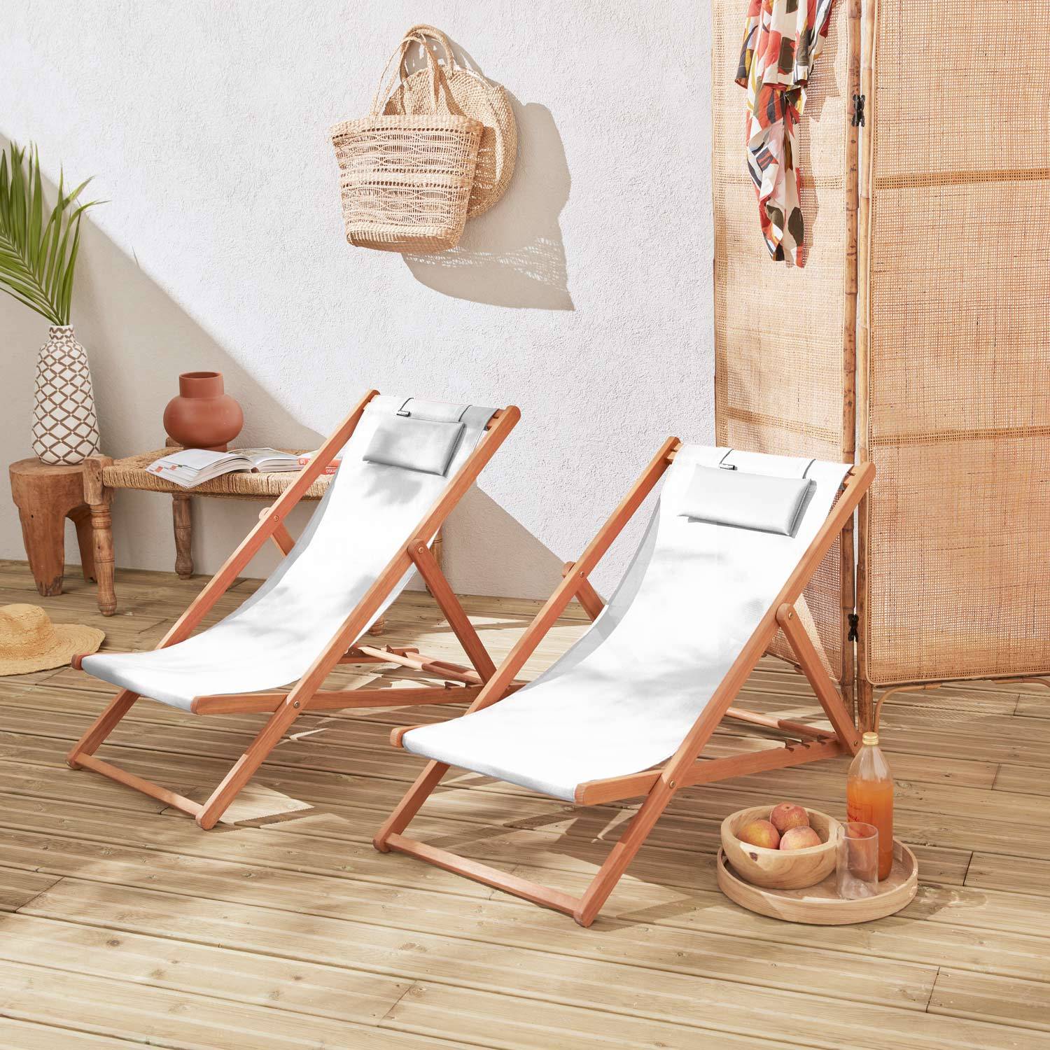 Chiliennes bois - Creus - 2 transats en bois d'Eucalyptus huilé avec coussin repose-tête blanc | sweeek