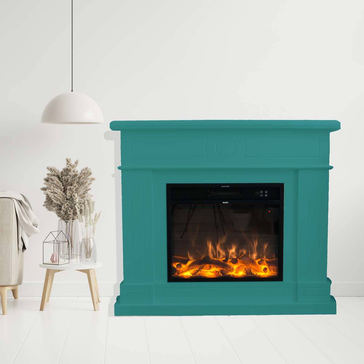 Cheminee electrique turquoise en MDF telecommande effet flammes LED puissance optimale