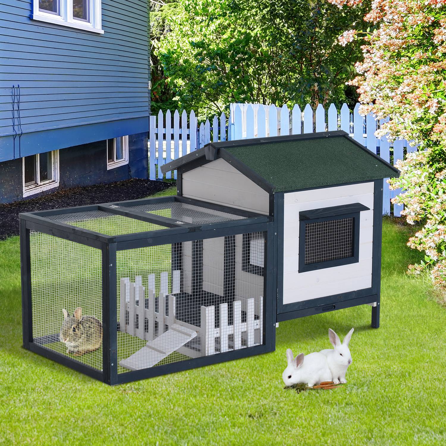 Clapier à lapins en bois avec enclos extérieur et rampe pour jardin Vert et Blanc – ComfortXL Outdoor Living
