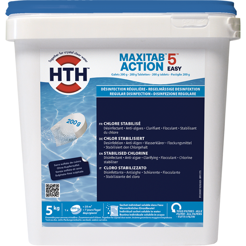 Chlore multiaction HTH MAXITAB Action 5 Easy galets 200 g. - 5 kg - 5 kg
