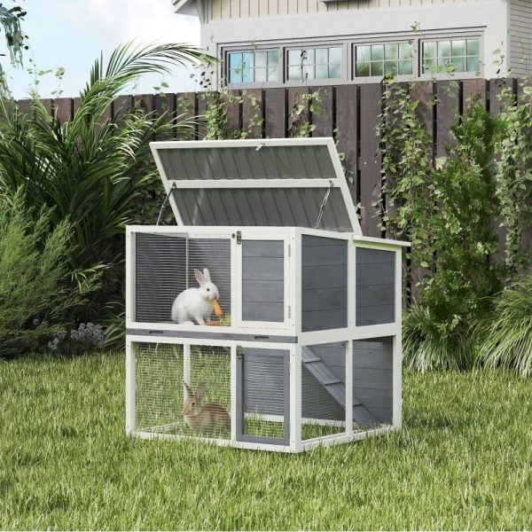 Clapier extérieur 2 étages en bois pour lapins avec enclos 98x95x102cm gris – ComfortXL Outdoor Living