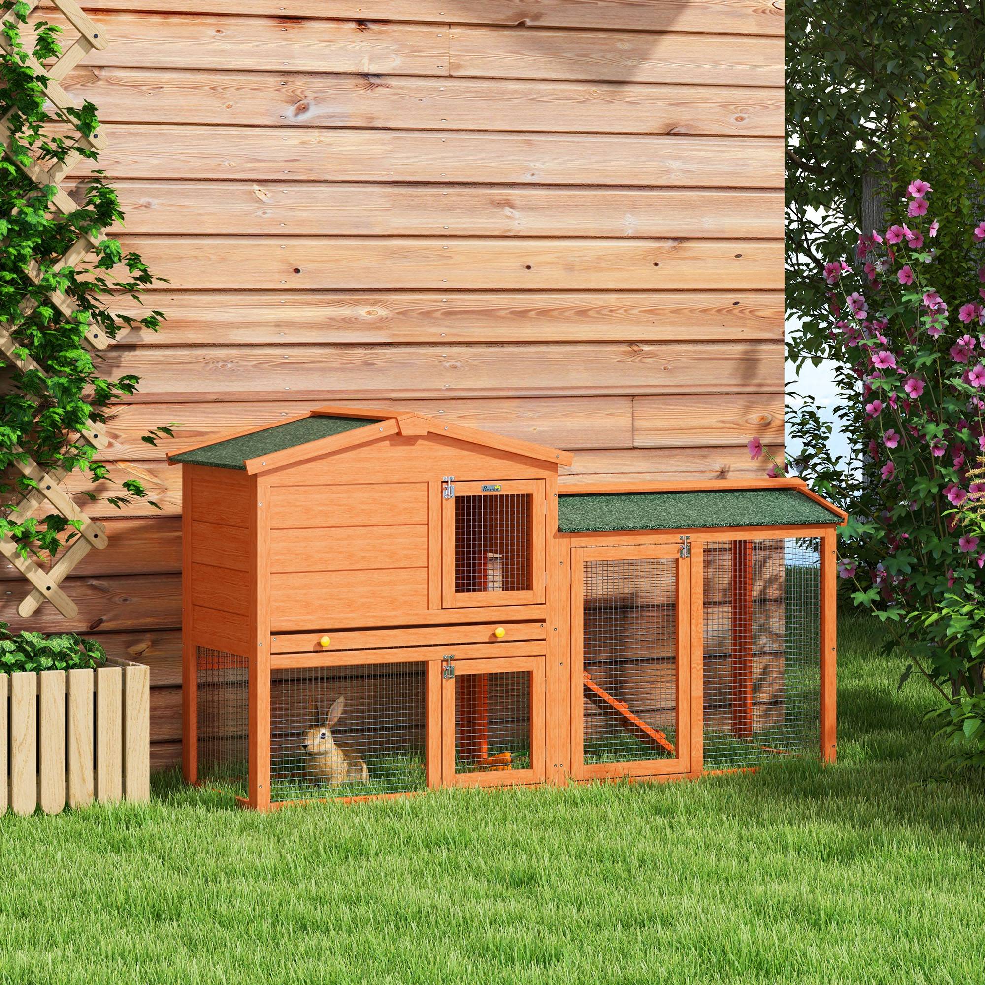 Clapier Lapin Bois Sapin Extérieur 2 Étages Enclos Rampe 150cm Orange - ComfortXL Outdoor Living