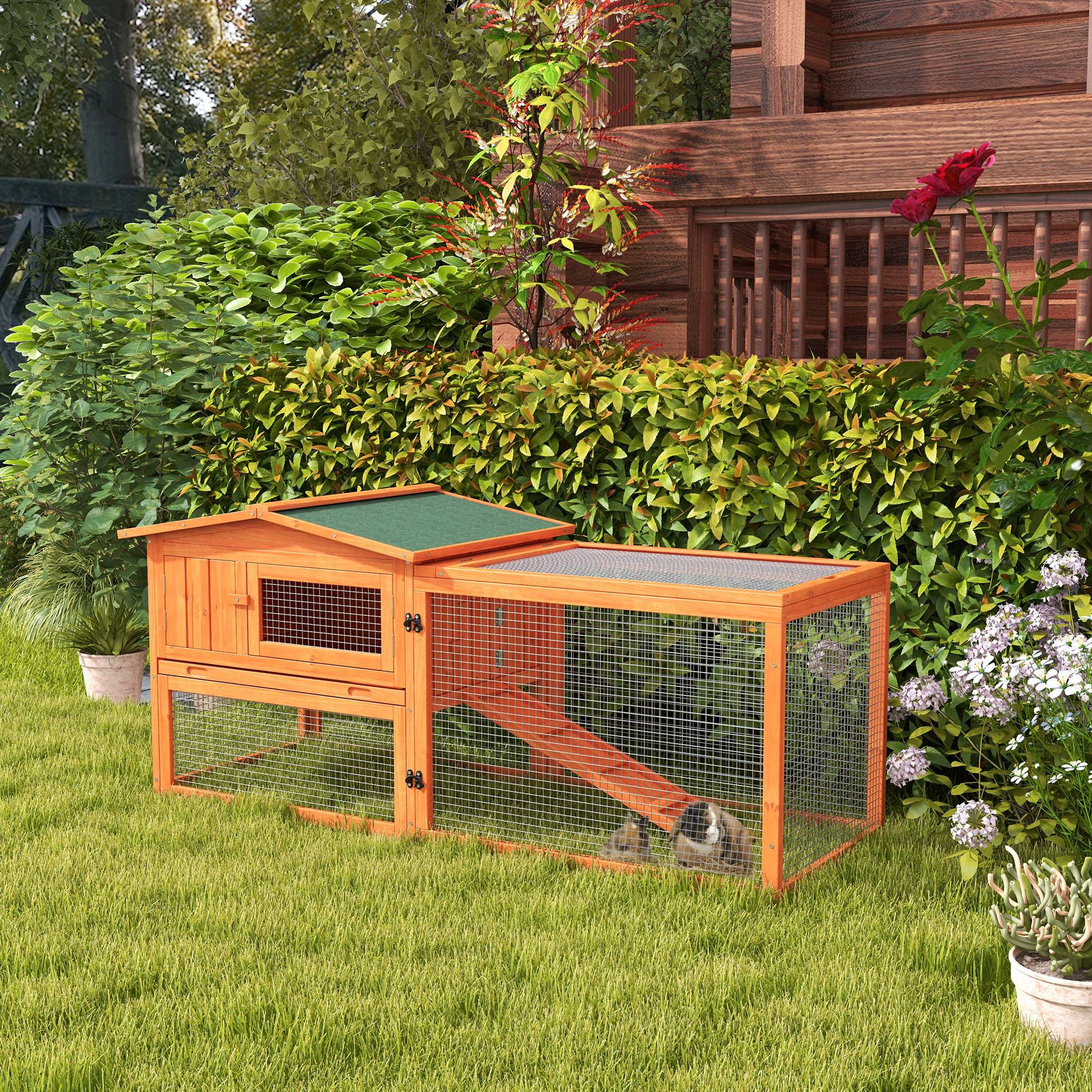 Clapier Lapin Bois Sapin Extérieur Toit Bitumé Enclos Grillagé 156cm Orange - ComfortXL Pet Living